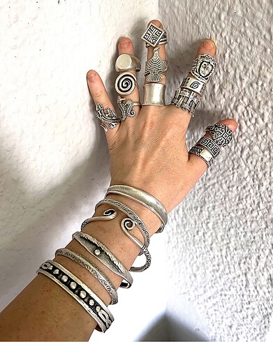 Beden gri Renk Vintage pirinç üzeri gümüş kaplama bileklik yüzük