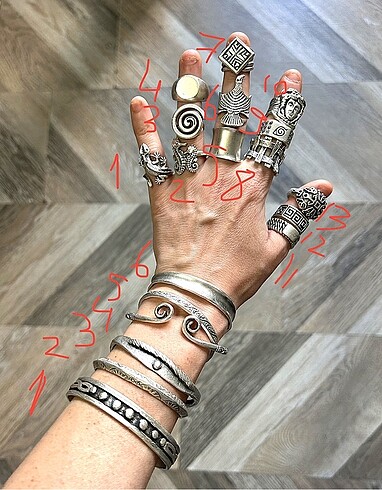 Beden Vintage pirinç üzeri gümüş kaplama bileklik yüzük
