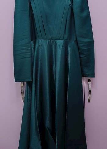 Sade Turkuaz Uzun Kollu Kemerli Abiye Elbise - Görsel 2