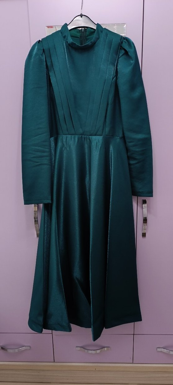 Sade Turkuaz Uzun Kollu Kemerli Abiye Elbise - Görsel 2