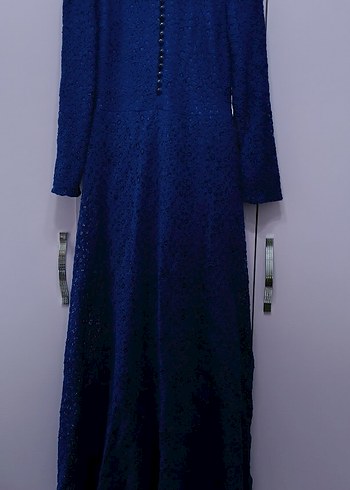 Lacivert Drapeli Uzun Kollu Uzun Elbise - Görsel 2