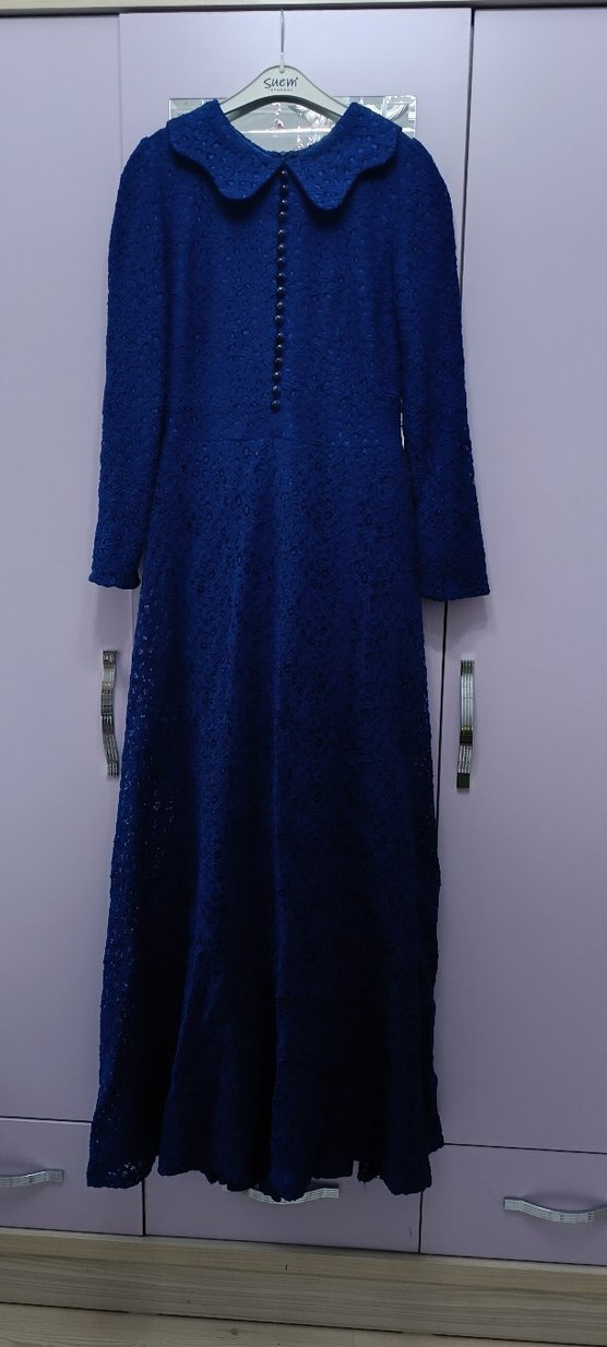 Lacivert Drapeli Uzun Kollu Uzun Elbise - Görsel 2