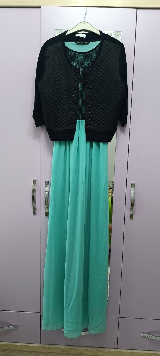 Turkuaz Drapeli Uzun Bohem Elbise - Görsel 2