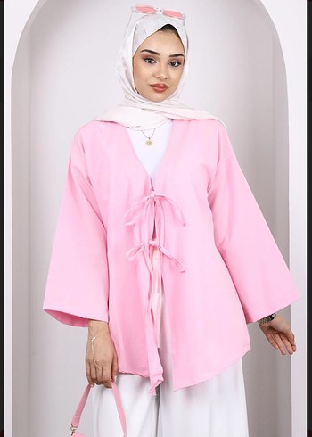 Drapeli Pembe Midi Kimono V Yaka
