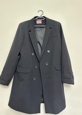 Düğmeli Siyah Midi Kadın Keten ceket - Görsel 3