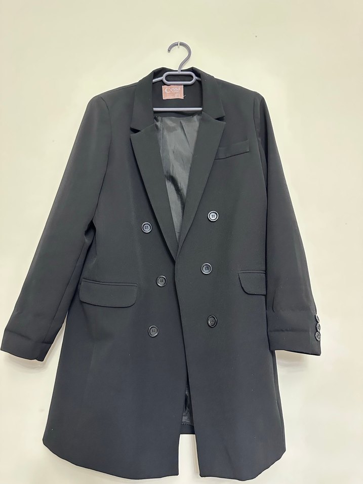 Düğmeli Siyah Midi Kadın Keten ceket - Görsel 3