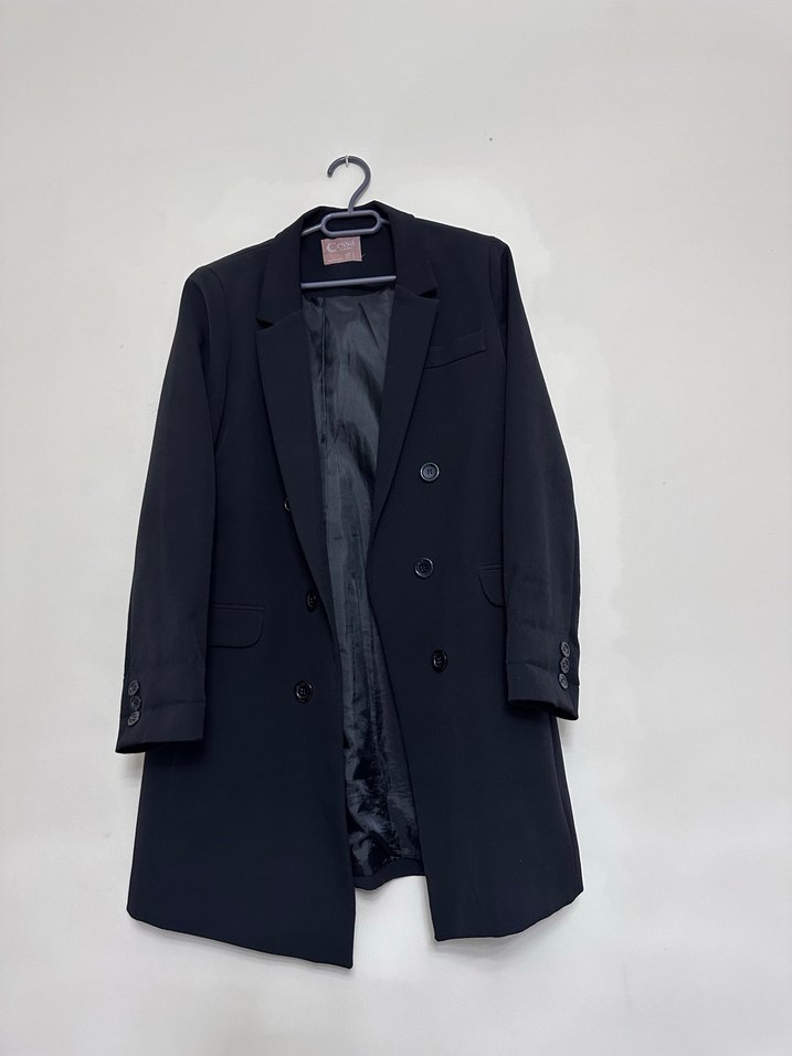 Düğmeli Siyah Midi Kadın Keten ceket - Görsel 2