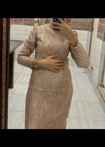 Bej simli şık Dantel Detaylı Uzun Kollu Abiye Elbise - Görsel 2