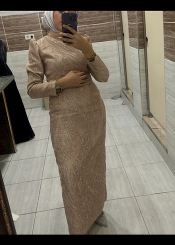 Bej simli şık Dantel Detaylı Uzun Kollu Abiye Elbise - Görsel 3