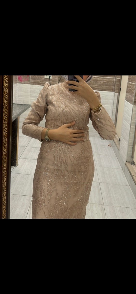 Bej simli şık Dantel Detaylı Uzun Kollu Abiye Elbise - Görsel 2