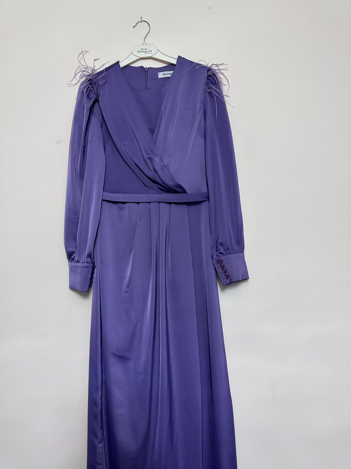 Mor Drapeli Uzun Kollu Uzun Elbise - Görsel 2