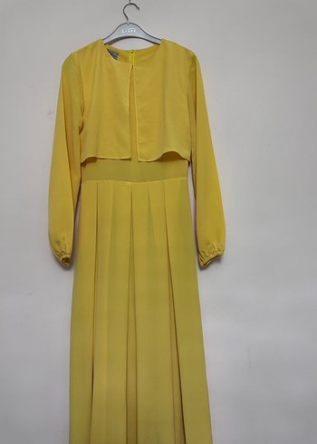 Sarı Pilili Uzun Kollu Kadın Elbise - Görsel 2