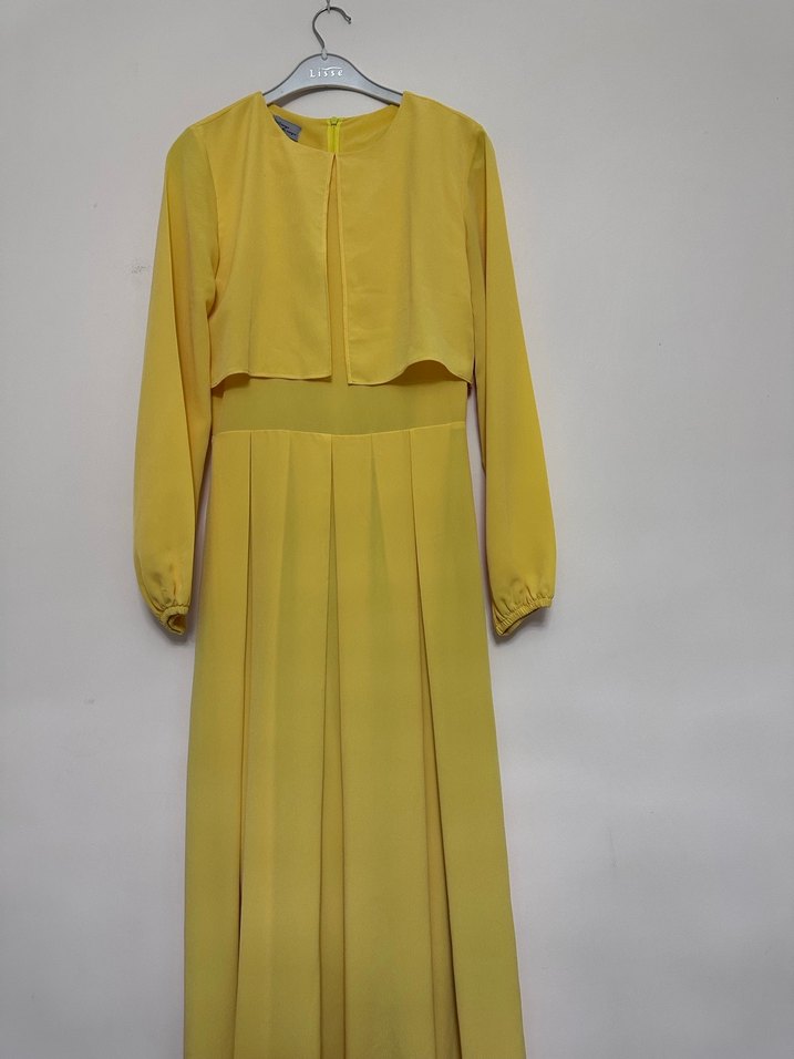 Sarı Pilili Uzun Kollu Kadın Elbise - Görsel 2