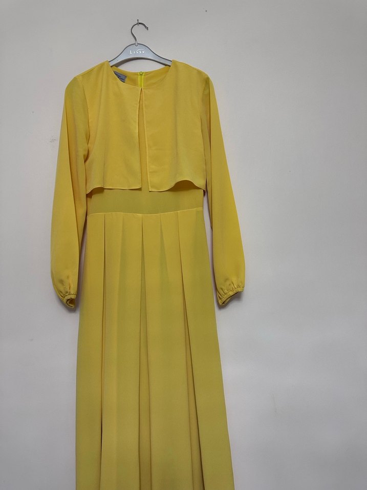 Sarı Pilili Uzun Kollu Kadın Elbise - Görsel 3