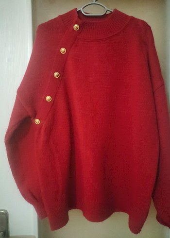 Düğmeli Kırmızı Kadın Triko Kazak - Görsel 3