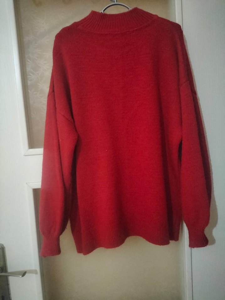 Düğmeli Kırmızı Kadın Triko Kazak - Görsel 2