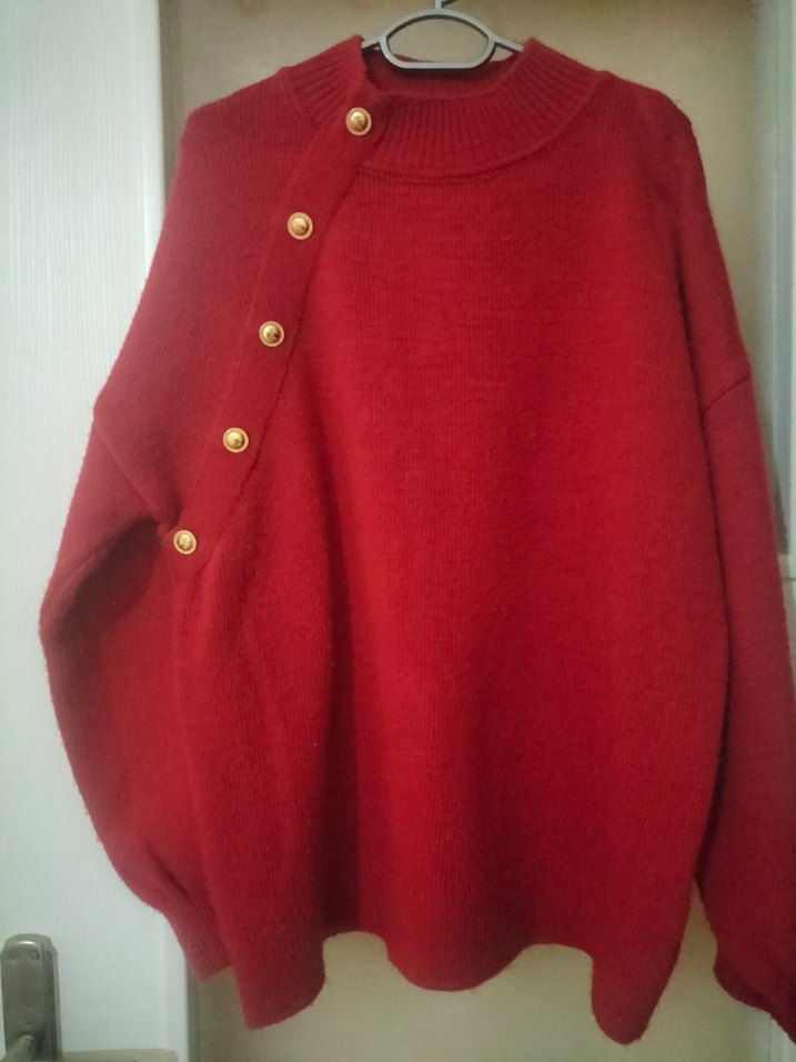 Düğmeli Kırmızı Kadın Triko Kazak - Görsel 3