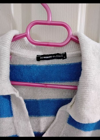 Mavi Beyaz Çizgili V Yaka Triko Kazak - Görsel 4