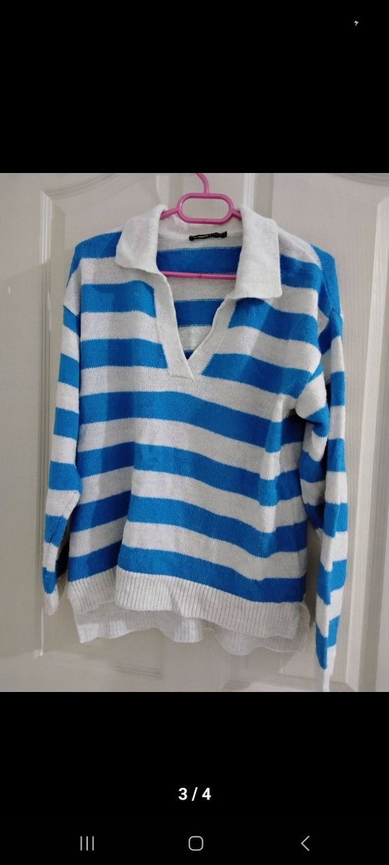 Mavi Beyaz Çizgili V Yaka Triko Kazak - Görsel 3