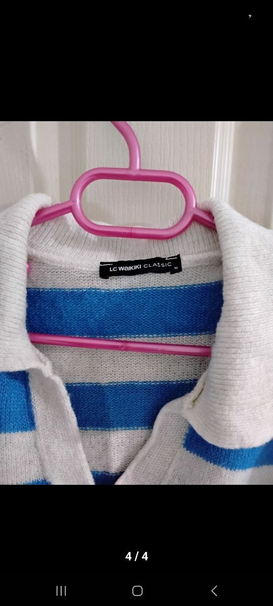 Mavi Beyaz Çizgili V Yaka Triko Kazak - Görsel 4