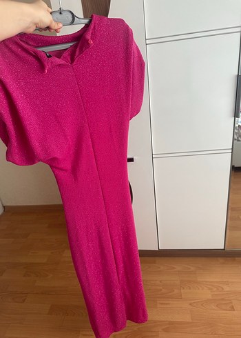 s Beden pembe Renk Pembe Drapeli Parlak Elbise
