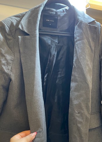 m Beden gri Renk Gri Kadın Keten Midi Blazer Ceket