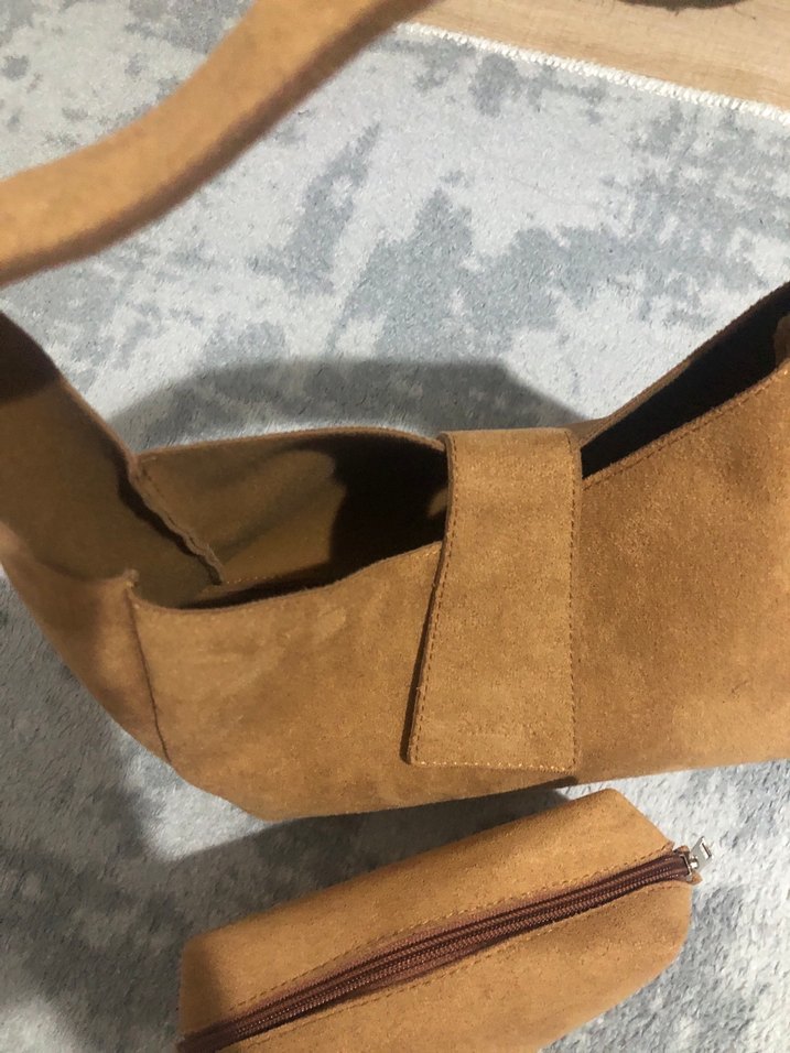 Kahverengi Süet Kadın Çanta ve Mini Cüzdan - Görsel 3