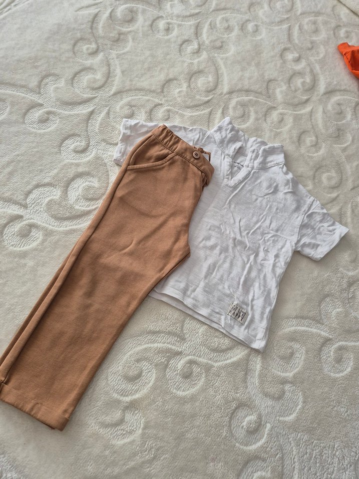 Bej Keten Erkek Bebek Kısa Kollu Takım - Görsel 4