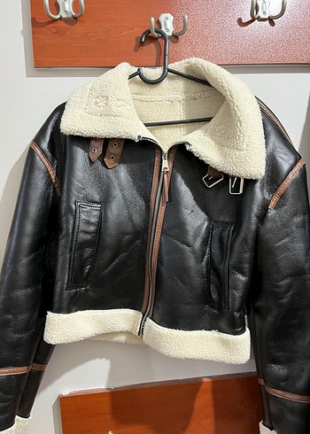 Kürk Detaylı Kahverengi Deri Biker Ceket