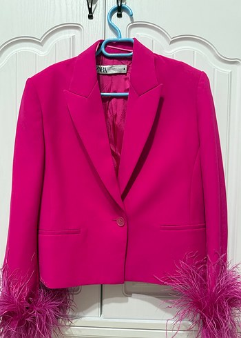 Pembe Tüylü Mini Kadın Blazer Ceket - Görsel 2