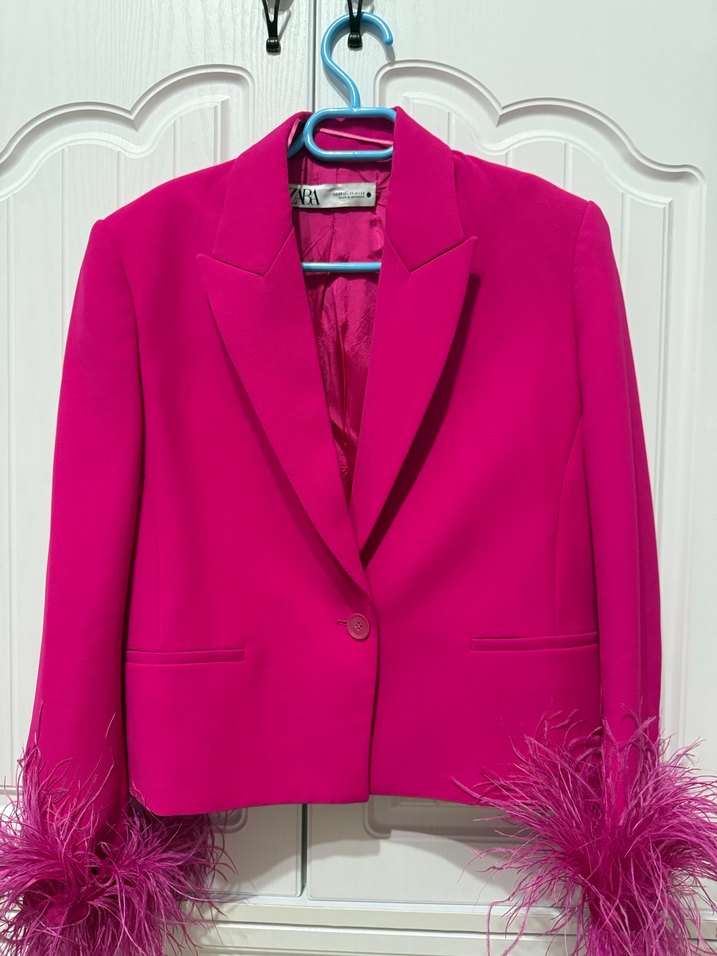 Pembe Tüylü Mini Kadın Blazer Ceket - Görsel 2