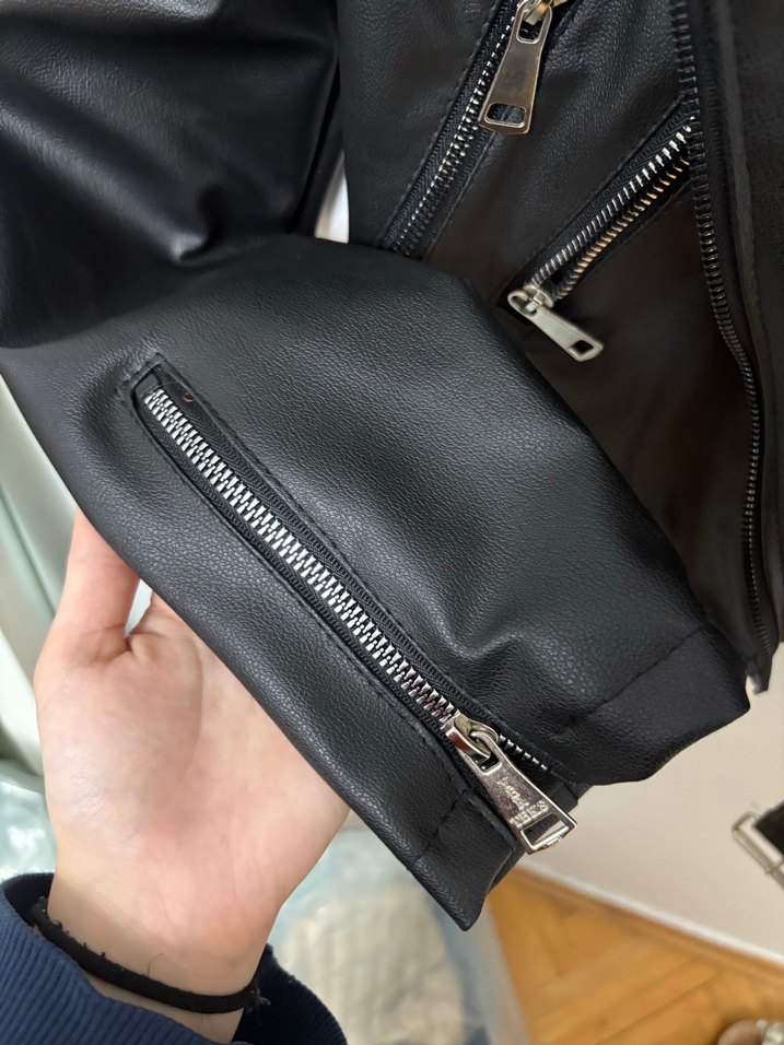 Siyah Deri Kadın Biker Ceket - Görsel 3