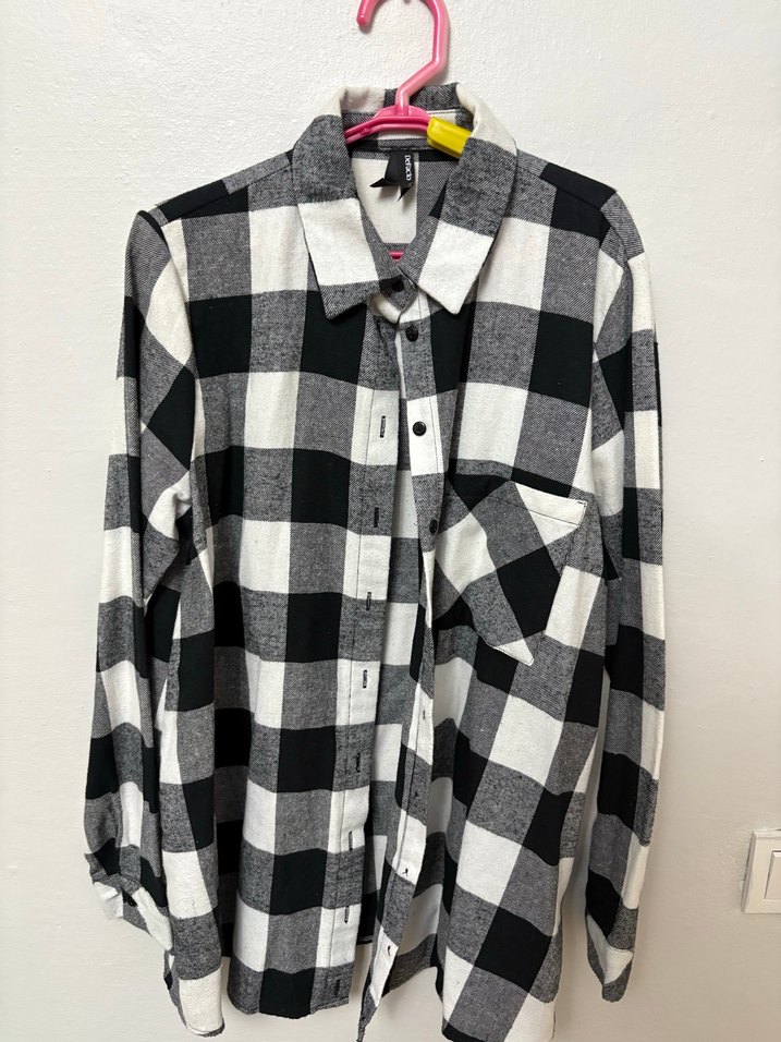 Siyah Beyaz Ekose Pamuklu Uzun Kollu Gömlek - Görsel 2