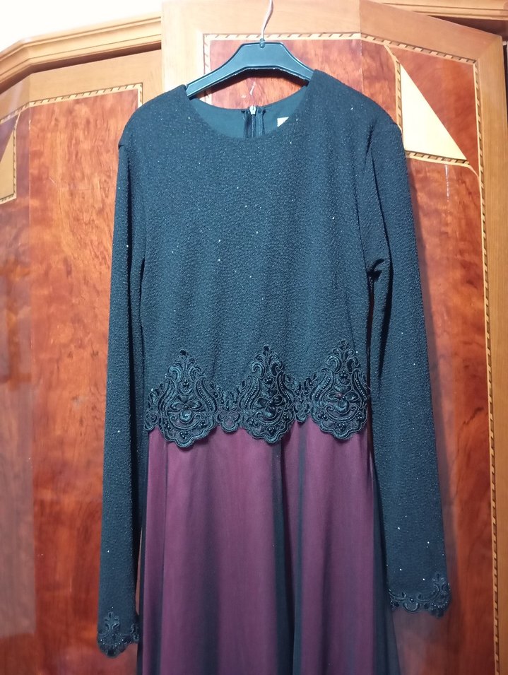 Bordo Siyah Uzun Kollu Abiye Elbise - Görsel 2