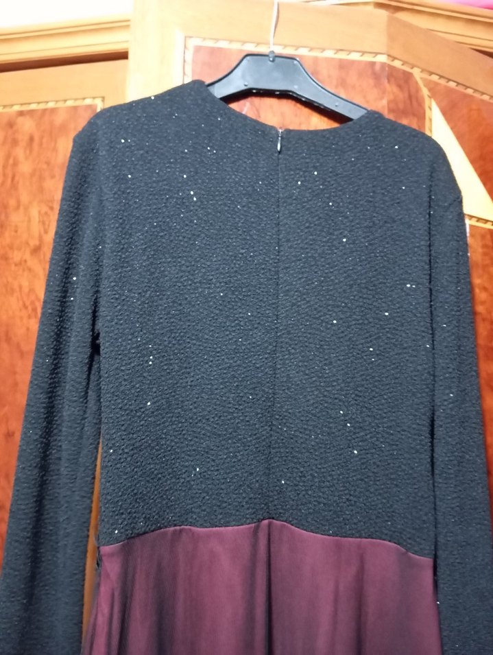 Bordo Siyah Uzun Kollu Abiye Elbise - Görsel 3