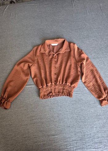 Taba rengi uzun kollu gömlek crop - Görsel 5