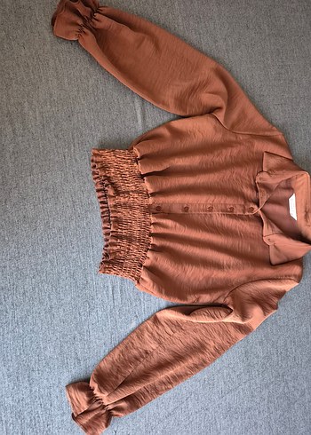 Taba rengi uzun kollu gömlek crop - Görsel 4