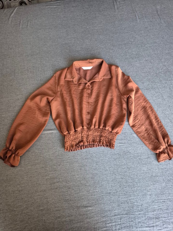 Taba rengi uzun kollu gömlek crop - Görsel 5