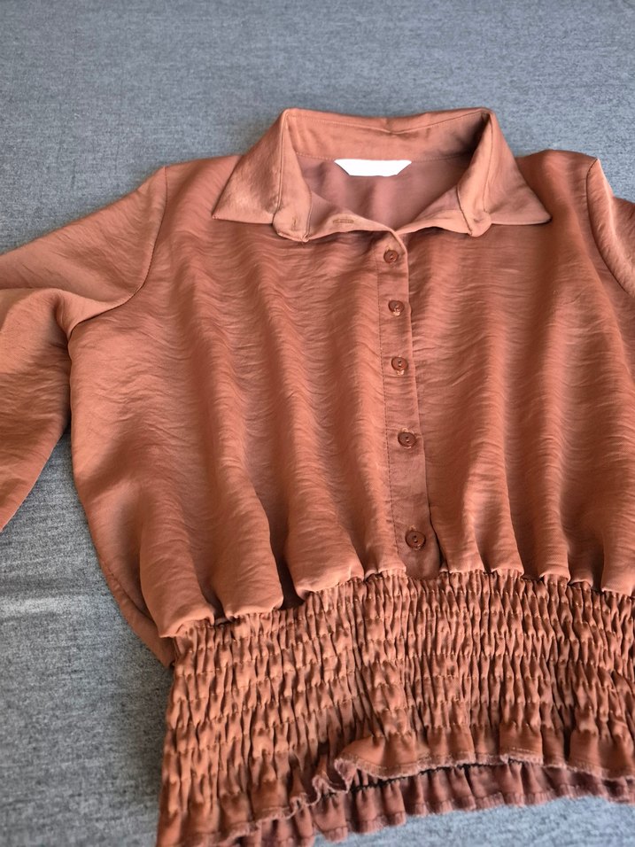 Taba rengi uzun kollu gömlek crop - Görsel 2