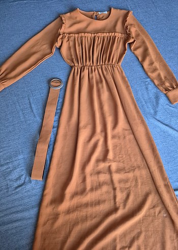 Kemerli hardal krep uzun elbise - Görsel 4