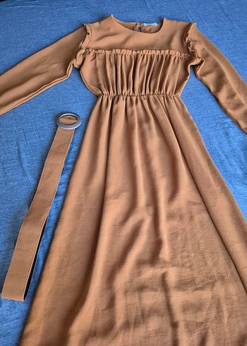 Kemerli hardal krep uzun elbise - Görsel 5