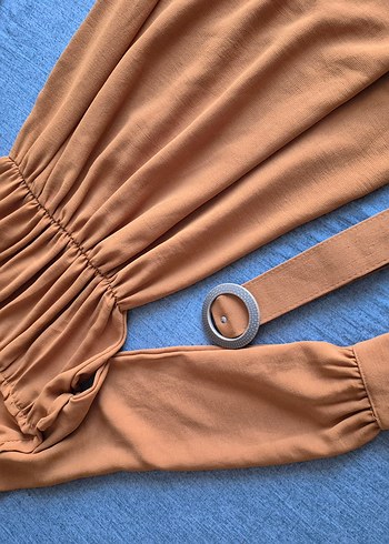 Kemerli hardal krep uzun elbise - Görsel 2