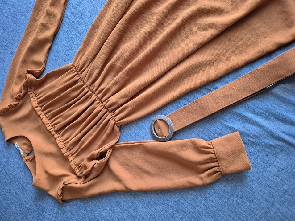 Kemerli hardal krep uzun elbise - Görsel 2