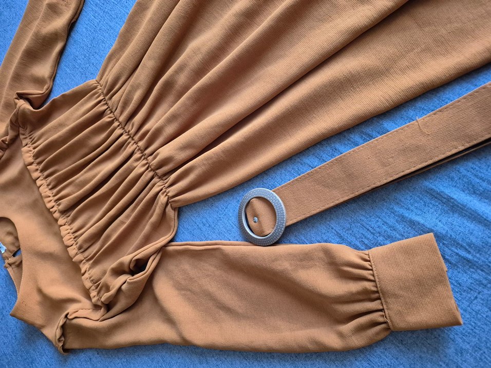 Kemerli hardal krep uzun elbise - Görsel 3