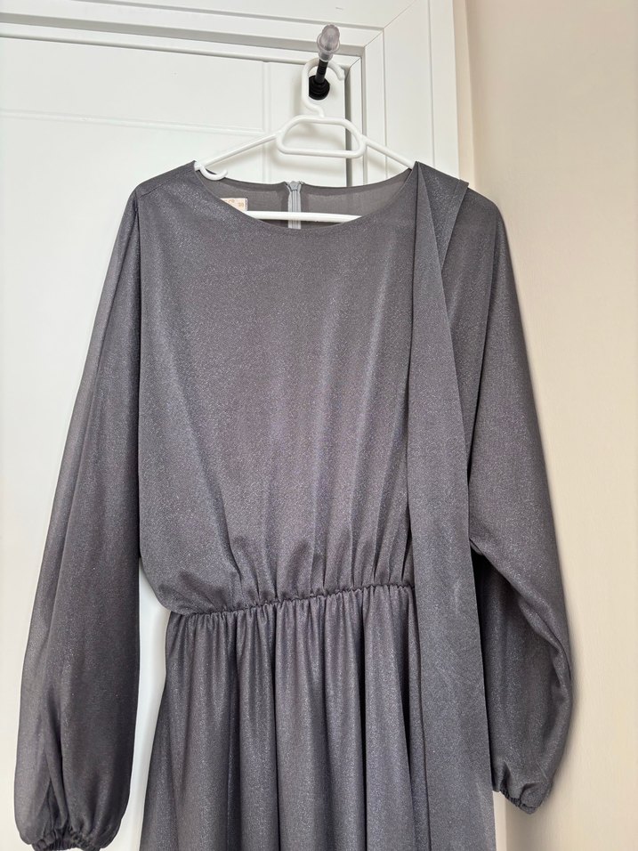 Gri Uzun simli Elbise Drapeli - Görsel 5