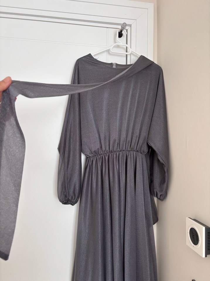 Gri Uzun simli Elbise Drapeli - Görsel 3