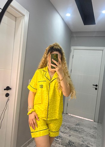 Sarı Mini Kısa Kollu Bağlama Desenli Pijama Takımı