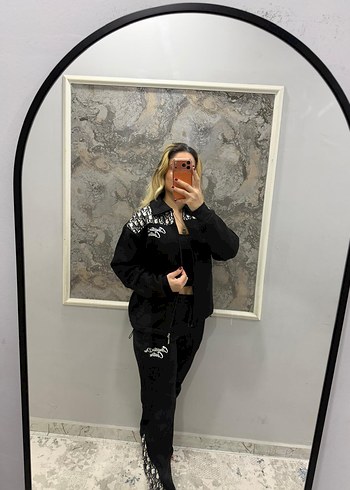 Nakışlı Siyah Kadın Mini Eşofman Takımı - Görsel 7