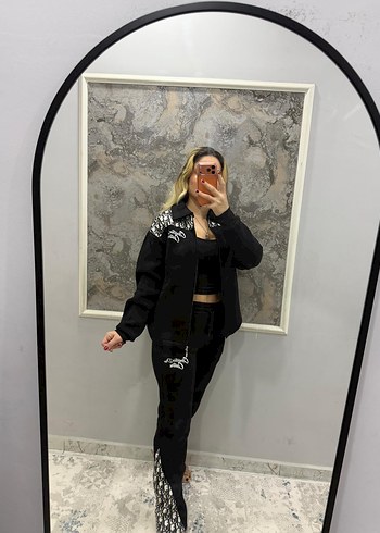 Nakışlı Siyah Kadın Mini Eşofman Takımı - Görsel 9