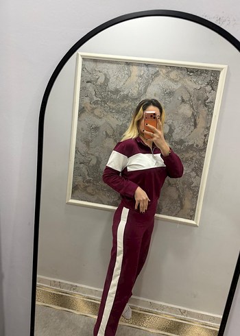 Bordo Beyaz Şeritli Kadın Eşofman Takımı - Görsel 2